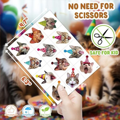 120 PCS Funny Cat Pre-cut Temporary Tattoos Stickers – Cute Pet Animal Themed Party Favors for Kids, Girls, Boys, Baby Showers, School Rewards & Home Decor