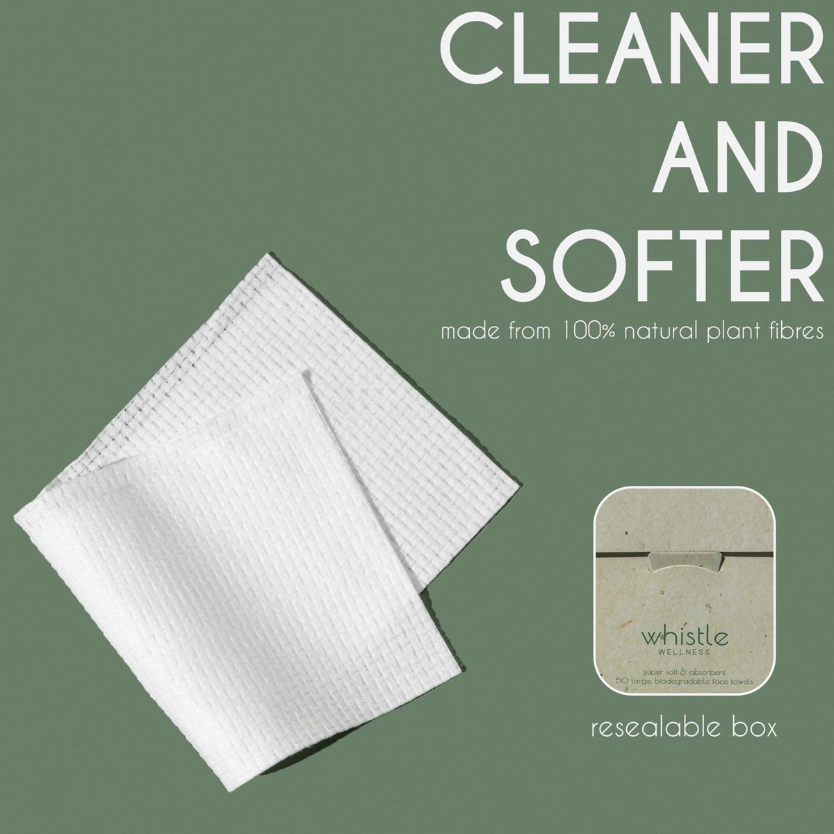 Whistle Wellness Disposable Face Towel 10"×12" - Plant Based Ultra Soft, XL Makeup Remover Dry Wipes for Sensitive Skin, 50 Count Avelisse
