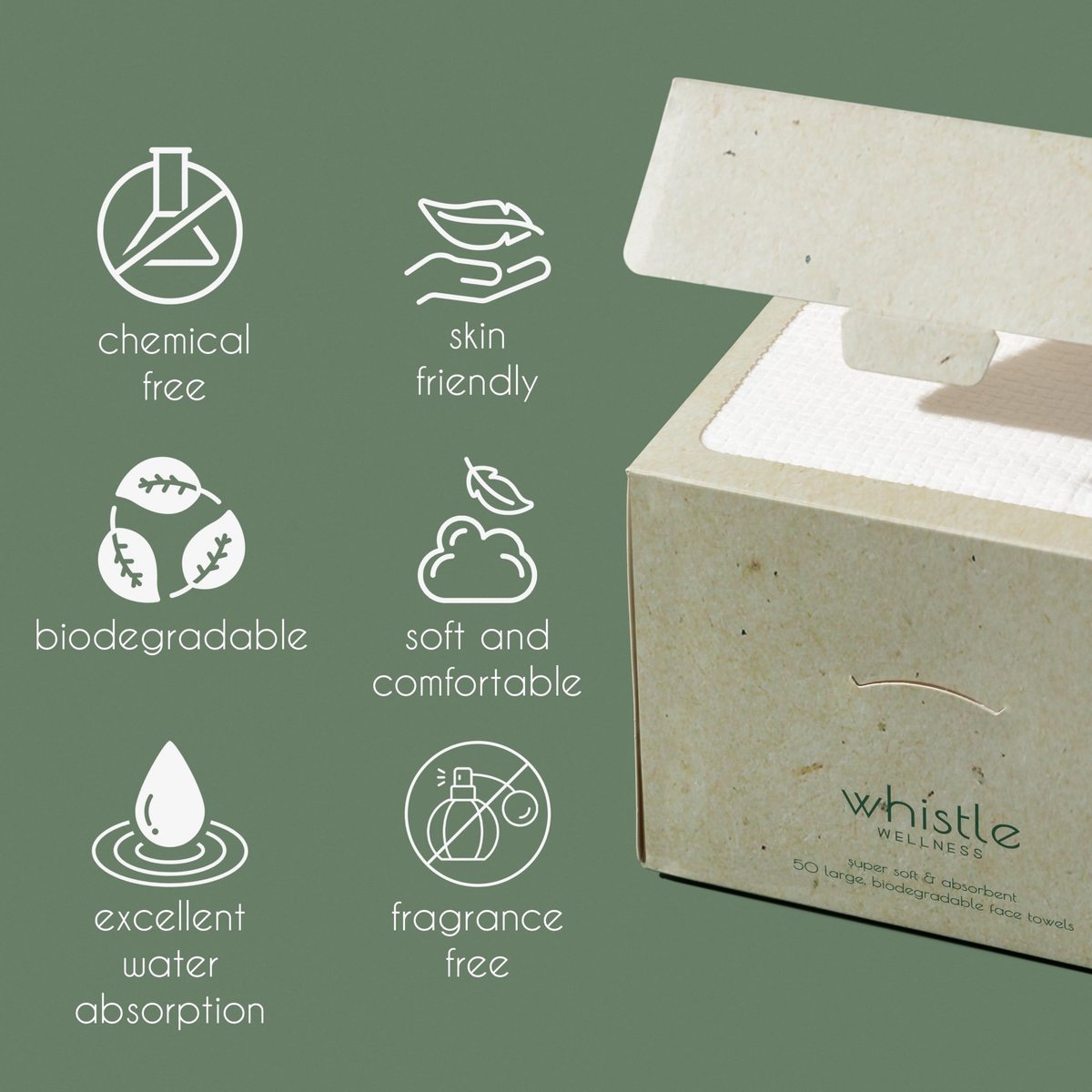 Whistle Wellness Disposable Face Towel 10"×12" - Plant Based Ultra Soft, XL Makeup Remover Dry Wipes for Sensitive Skin, 50 Count Avelisse