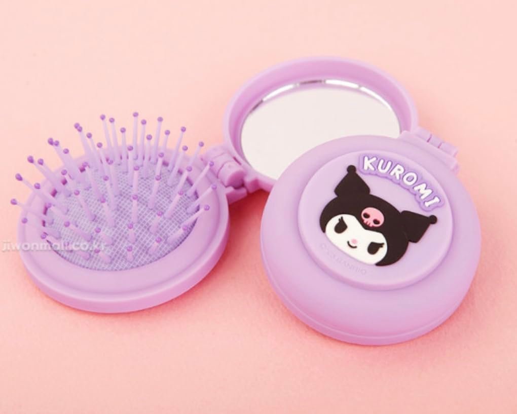Kuromi's Travel Size Mini Hairbrush - Foldable with Mirror - Officially Licensed Purple Plastic Brush - görsel 1