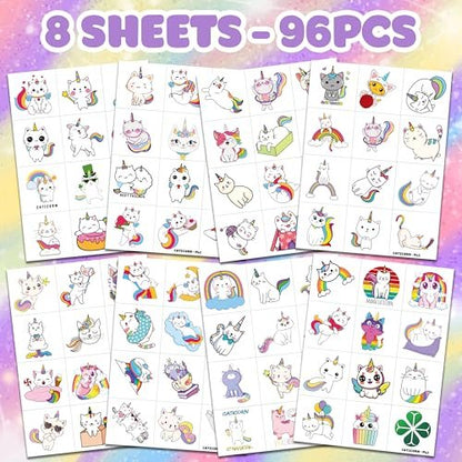 96 PCS Caticorn Cat Pre-Cut Temporary Tattoos - Cute Cartoon Rainbow Meowgical Tattoo Stickers for Kids Birthday Party Favors