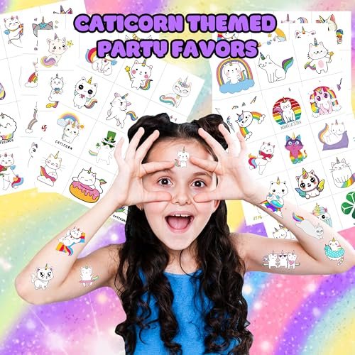 96 PCS Caticorn Cat Pre-Cut Temporary Tattoos - Cute Cartoon Rainbow Meowgical Tattoo Stickers for Kids Birthday Party Favors - görsel 4