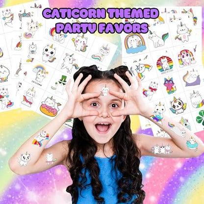 96 PCS Caticorn Cat Pre-Cut Temporary Tattoos - Cute Cartoon Rainbow Meowgical Tattoo Stickers for Kids Birthday Party Favors
