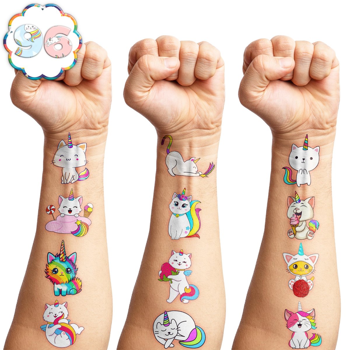 96 PCS Caticorn Cat Pre-Cut Temporary Tattoos - Cute Cartoon Rainbow Meowgical Tattoo Stickers for Kids Birthday Party Favors - görsel 13