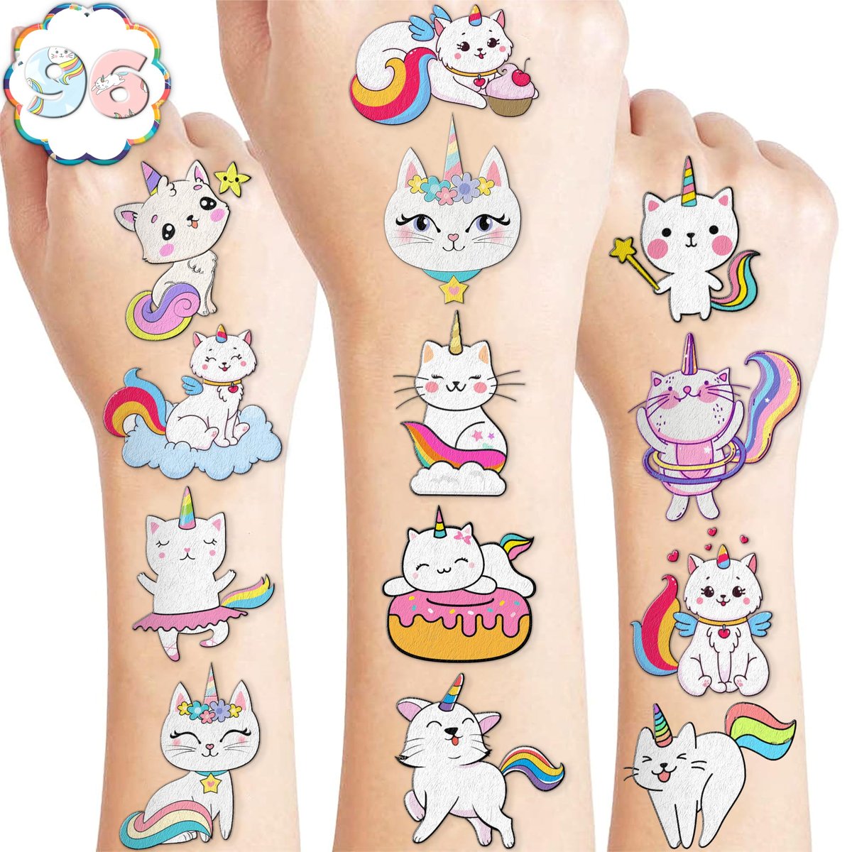 96 PCS Caticorn Cat Pre-Cut Temporary Tattoos - Cute Cartoon Rainbow Meowgical Tattoo Stickers for Kids Birthday Party Favors - görsel 1