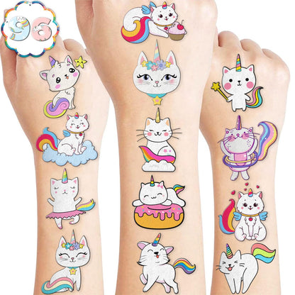 96 PCS Caticorn Cat Pre-Cut Temporary Tattoos - Cute Cartoon Rainbow Meowgical Tattoo Stickers for Kids Birthday Party Favors