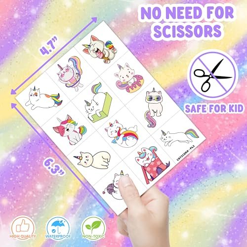 96 PCS Caticorn Cat Pre-Cut Temporary Tattoos - Cute Cartoon Rainbow Meowgical Tattoo Stickers for Kids Birthday Party Favors - görsel 8