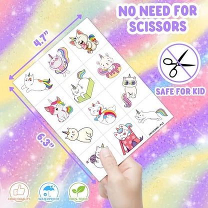 96 PCS Caticorn Cat Pre-Cut Temporary Tattoos - Cute Cartoon Rainbow Meowgical Tattoo Stickers for Kids Birthday Party Favors