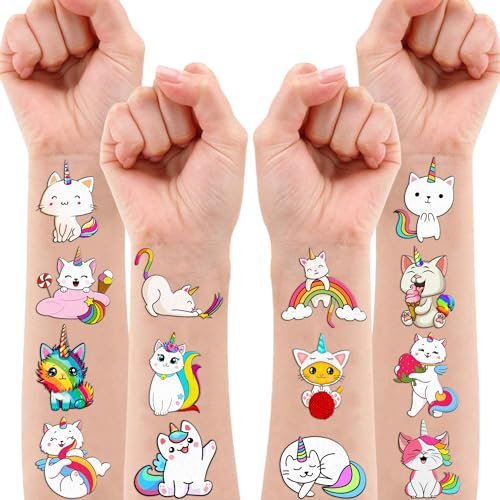 96 PCS Caticorn Cat Pre-Cut Temporary Tattoos - Cute Cartoon Rainbow Meowgical Tattoo Stickers for Kids Birthday Party Favors - görsel 12