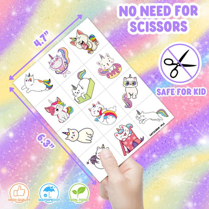 96 PCS Caticorn Cat Pre-Cut Temporary Tattoos - Cute Cartoon Rainbow Meowgical Tattoo Stickers for Kids Birthday Party Favors