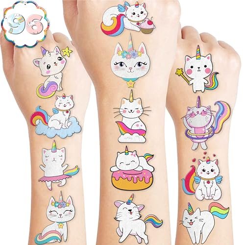 96 PCS Caticorn Cat Pre-Cut Temporary Tattoos - Cute Cartoon Rainbow Meowgical Tattoo Stickers for Kids Birthday Party Favors - görsel 2