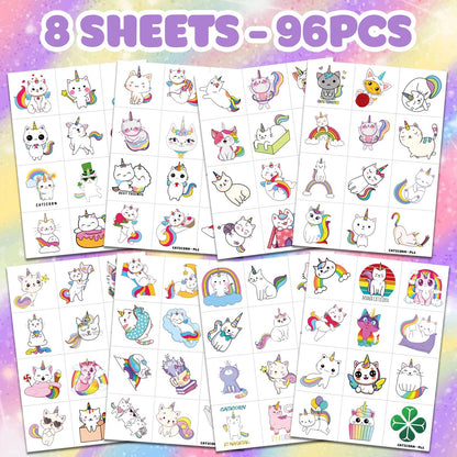 96 PCS Caticorn Cat Pre-Cut Temporary Tattoos - Cute Cartoon Rainbow Meowgical Tattoo Stickers for Kids Birthday Party Favors