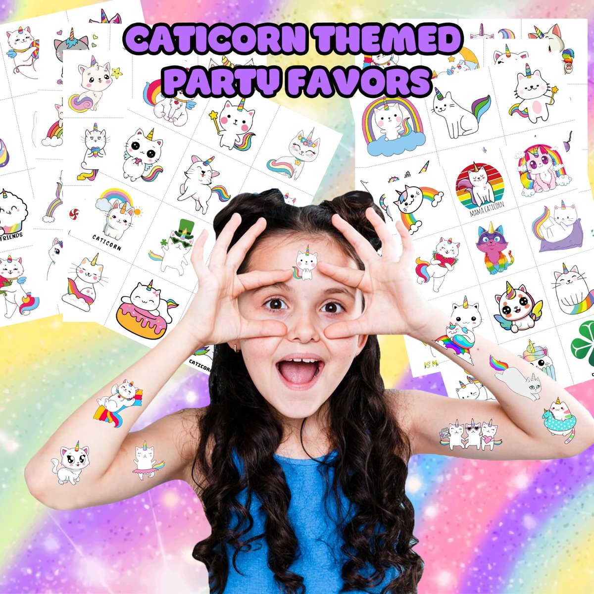 96 PCS Caticorn Cat Pre-Cut Temporary Tattoos - Cute Cartoon Rainbow Meowgical Tattoo Stickers for Kids Birthday Party Favors - görsel 3