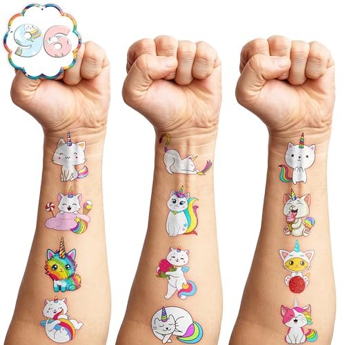 96 PCS Caticorn Cat Pre-Cut Temporary Tattoos - Cute Cartoon Rainbow Meowgical Tattoo Stickers for Kids Birthday Party Favors - görsel 14