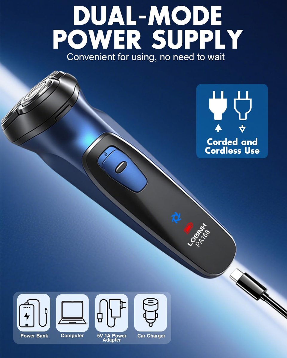 LOBINH Electric Razor for Men with Pop-up Trimmer, 3D Floating Cordless Shaver, Rechargeable Type-C, Long Runtime, Deep Blue Avelisse