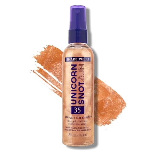 Unicorn Snot Glitter Sunscreen Spritz - SPF 35 Rose Gold Shimmer Spray for Face & Body - Lightweight, Water Resistant, Unscented - Made in USA (3.8 Fl Oz) Avelisse