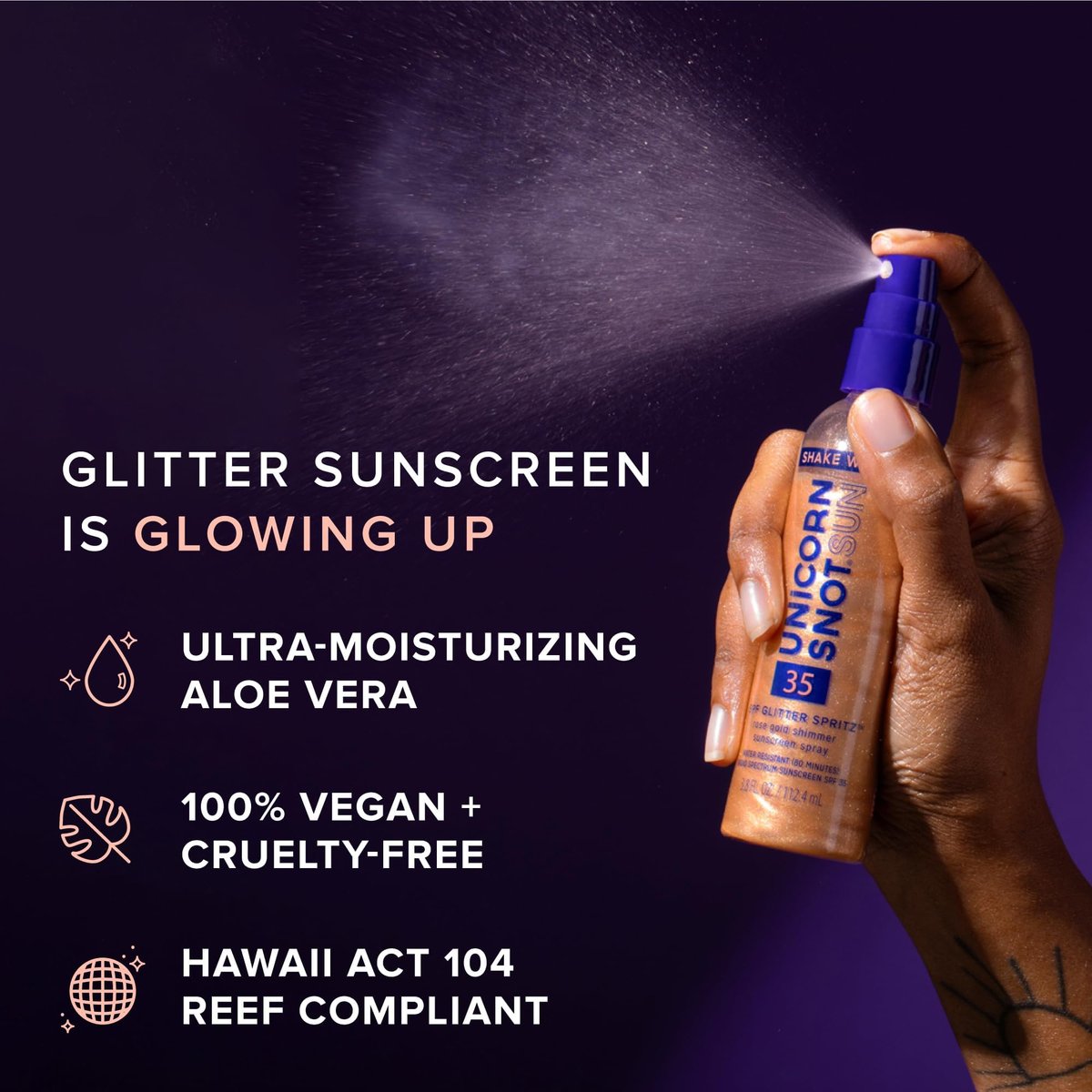 Unicorn Snot Glitter Sunscreen Spritz - SPF 35 Rose Gold Shimmer Spray for Face & Body - Lightweight, Water Resistant, Unscented - Made in USA (3.8 Fl Oz) Avelisse