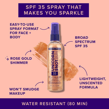 Unicorn Snot Glitter Sunscreen Spritz - SPF 35 Rose Gold Shimmer Spray for Face & Body - Lightweight, Water Resistant, Unscented - Made in USA (3.8 Fl Oz) Avelisse