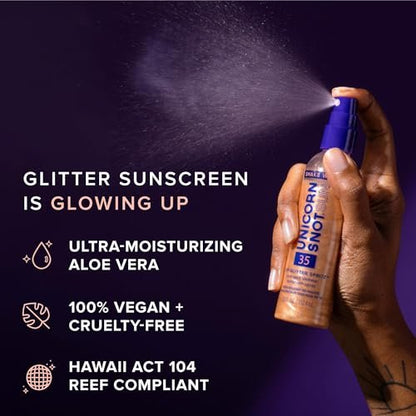 Unicorn Snot Glitter Sunscreen Spritz - SPF 35 Rose Gold Shimmer Spray for Face & Body - Lightweight, Water Resistant, Unscented - Made in USA (3.8 Fl Oz) Avelisse
