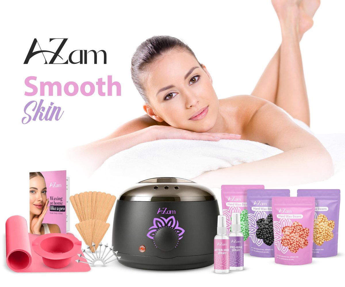 AZAM All-in-One At Home Waxing Kit for Hair Removal – Wax Pot, 4 Pack Hard Beads, Silicone Bowl, 2 Treatment Oils & More, Full Body Warmer Avelisse