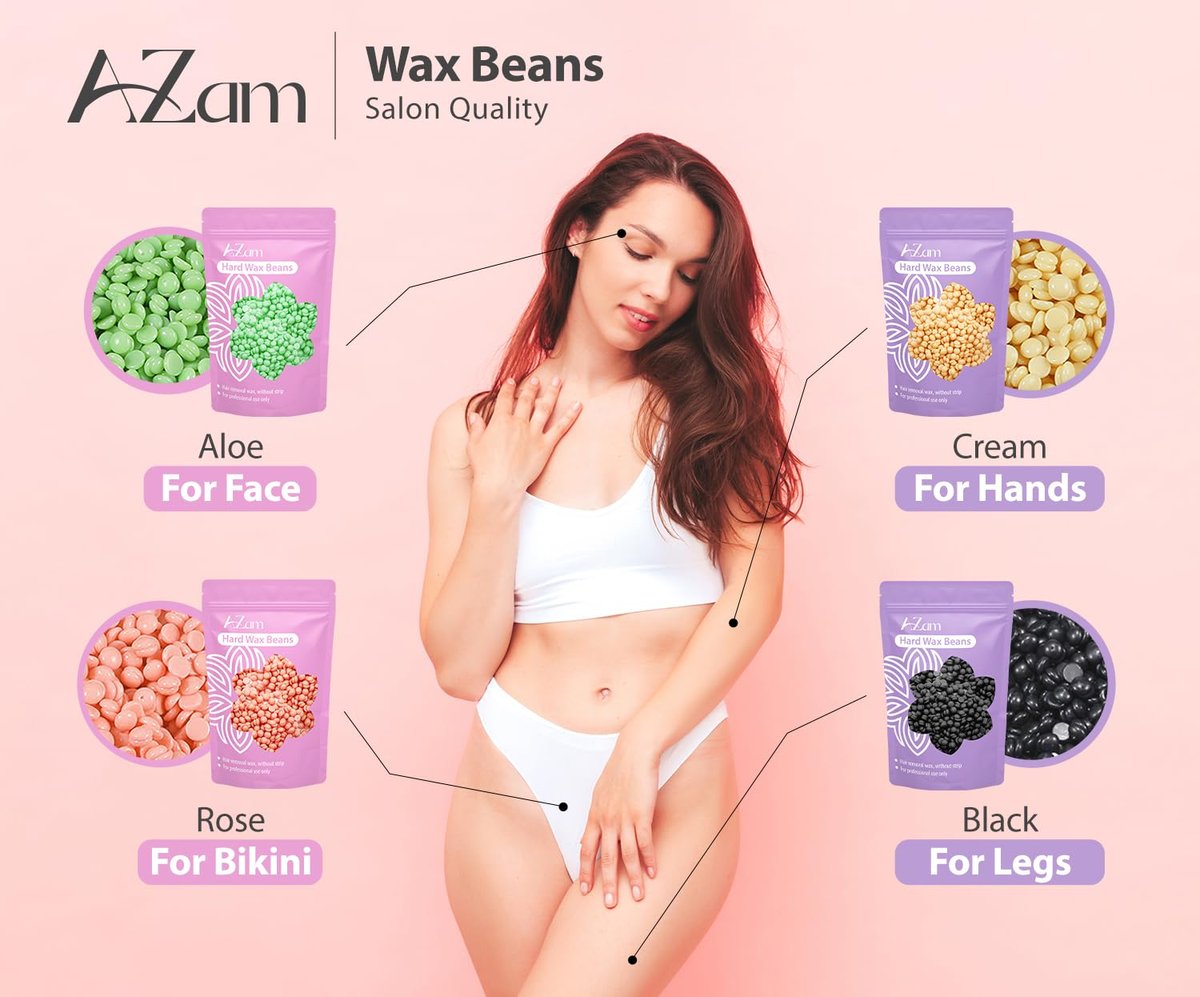 AZAM All-in-One At Home Waxing Kit for Hair Removal – Wax Pot, 4 Pack Hard Beads, Silicone Bowl, 2 Treatment Oils & More, Full Body Warmer Avelisse