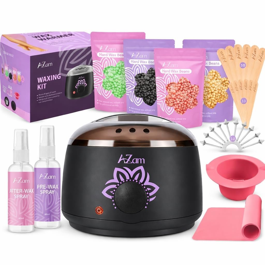 AZAM All-in-One At Home Waxing Kit for Hair Removal – Wax Pot, 4 Pack Hard Beads, Silicone Bowl, 2 Treatment Oils & More, Full Body Warmer Avelisse