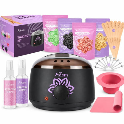 AZAM All-in-One At Home Waxing Kit for Hair Removal – Wax Pot, 4 Pack Hard Beads, Silicone Bowl, 2 Treatment Oils & More, Full Body Warmer Avelisse