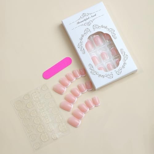 White French Tip Press on Nails Short Square Fake Nails Pink Glossy Acrylic Glue on Nails Reusable Stick on Nails for Women and Girls DIY Nails Art Decoration 24pcs - görsel 10