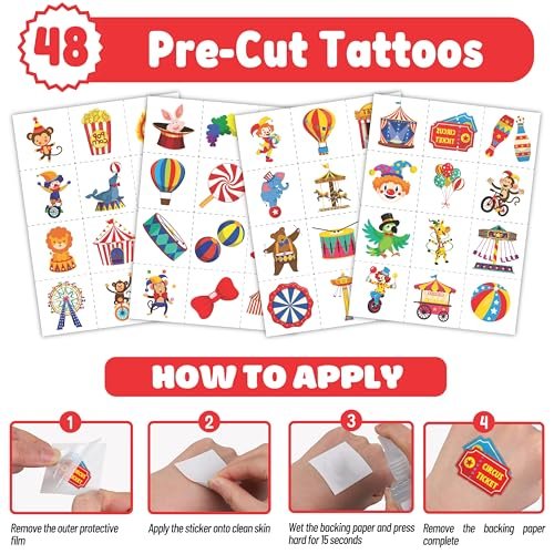 Cherisnowy 72-Piece Carnival Party Set: 48 Temporary Tattoos & 24 Slap Bracelets – Fun Circus Themed Birthday Supplies, Baby Shower Gifts, Classroom Rewards & Party Decor for Kids - görsel 10
