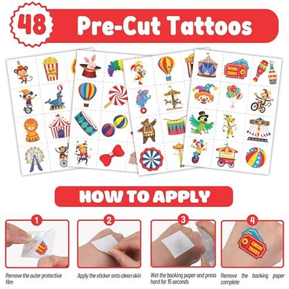 Cherisnowy 72-Piece Carnival Party Set: 48 Temporary Tattoos & 24 Slap Bracelets – Fun Circus Themed Birthday Supplies, Baby Shower Gifts, Classroom Rewards & Party Decor for Kids