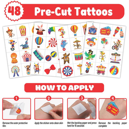 Cherisnowy 72-Piece Carnival Party Set: 48 Temporary Tattoos & 24 Slap Bracelets – Fun Circus Themed Birthday Supplies, Baby Shower Gifts, Classroom Rewards & Party Decor for Kids