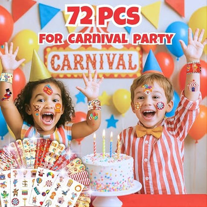Cherisnowy 72-Piece Carnival Party Set: 48 Temporary Tattoos & 24 Slap Bracelets – Fun Circus Themed Birthday Supplies, Baby Shower Gifts, Classroom Rewards & Party Decor for Kids