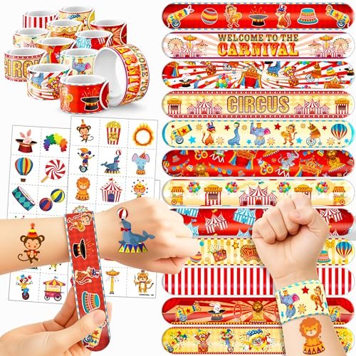 Cherisnowy 72-Piece Carnival Party Set: 48 Temporary Tattoos & 24 Slap Bracelets – Fun Circus Themed Birthday Supplies, Baby Shower Gifts, Classroom Rewards & Party Decor for Kids - görsel 2