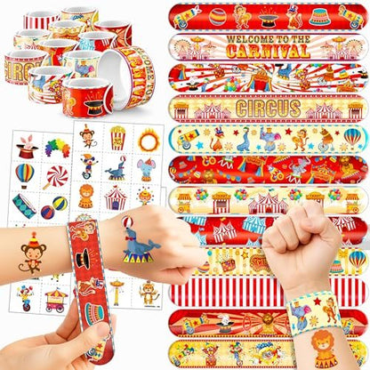 Cherisnowy 72-Piece Carnival Party Set: 48 Temporary Tattoos & 24 Slap Bracelets – Fun Circus Themed Birthday Supplies, Baby Shower Gifts, Classroom Rewards & Party Decor for Kids