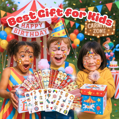 Cherisnowy 72-Piece Carnival Party Set: 48 Temporary Tattoos & 24 Slap Bracelets – Fun Circus Themed Birthday Supplies, Baby Shower Gifts, Classroom Rewards & Party Decor for Kids