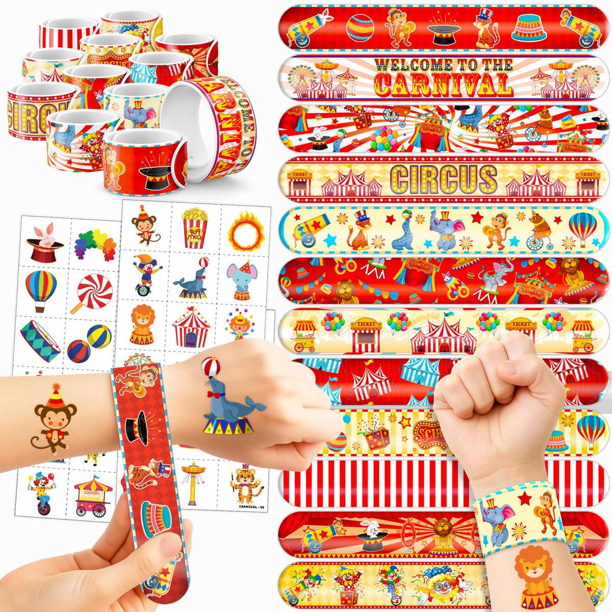 Cherisnowy 72-Piece Carnival Party Set: 48 Temporary Tattoos & 24 Slap Bracelets – Fun Circus Themed Birthday Supplies, Baby Shower Gifts, Classroom Rewards & Party Decor for Kids - görsel 1