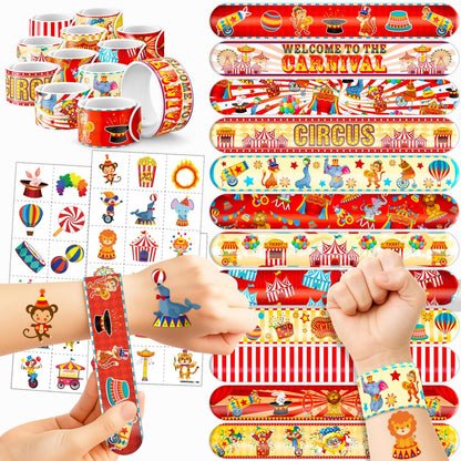 Cherisnowy 72-Piece Carnival Party Set: 48 Temporary Tattoos & 24 Slap Bracelets – Fun Circus Themed Birthday Supplies, Baby Shower Gifts, Classroom Rewards & Party Decor for Kids