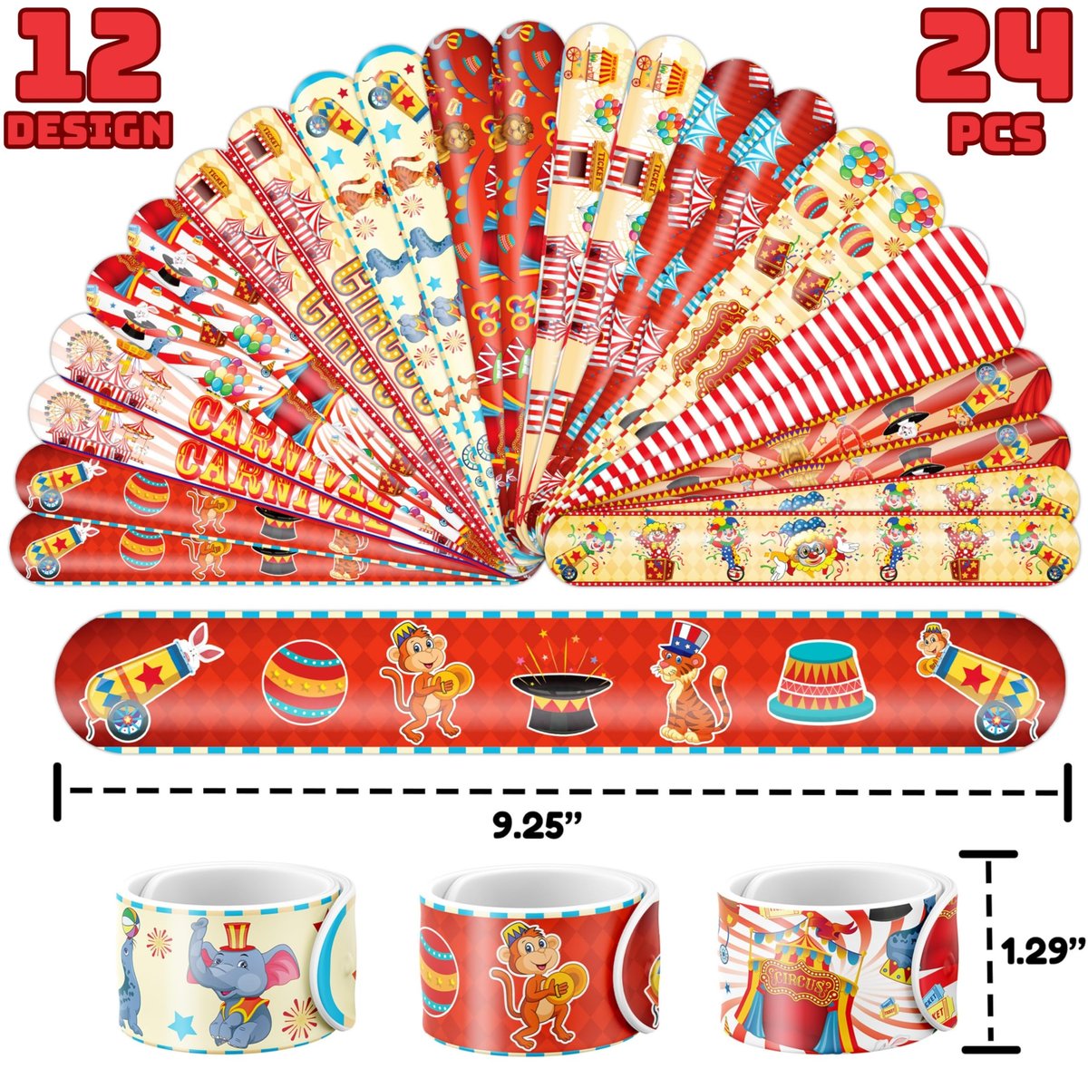 Cherisnowy 72-Piece Carnival Party Set: 48 Temporary Tattoos & 24 Slap Bracelets – Fun Circus Themed Birthday Supplies, Baby Shower Gifts, Classroom Rewards & Party Decor for Kids - görsel 5