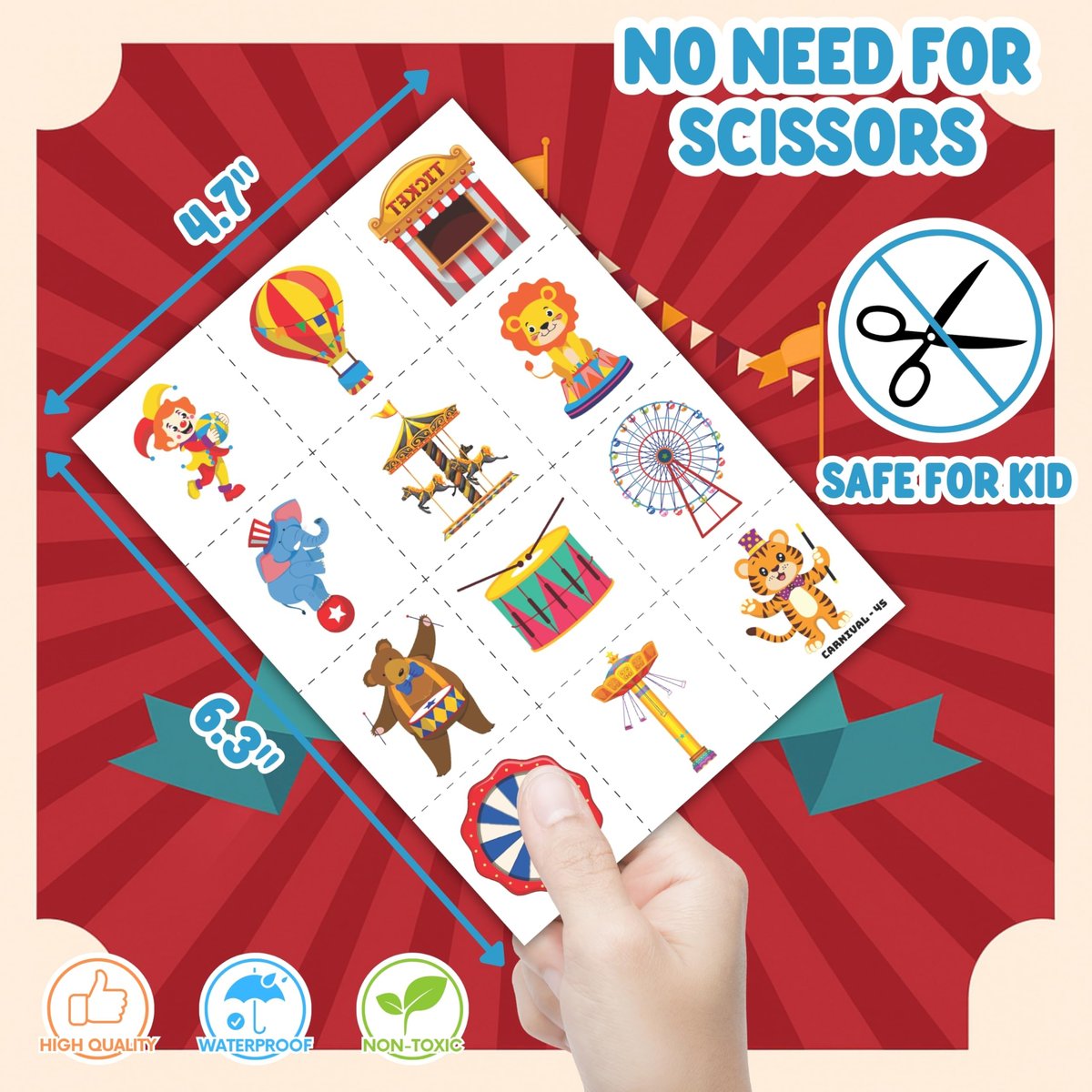 Cherisnowy 72-Piece Carnival Party Set: 48 Temporary Tattoos & 24 Slap Bracelets – Fun Circus Themed Birthday Supplies, Baby Shower Gifts, Classroom Rewards & Party Decor for Kids - görsel 11
