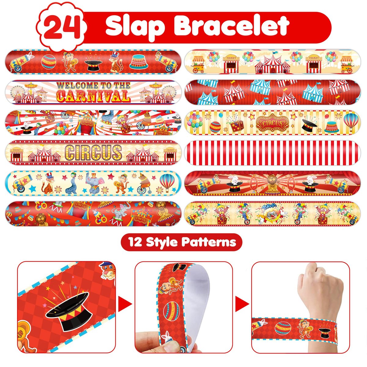 Cherisnowy 72-Piece Carnival Party Set: 48 Temporary Tattoos & 24 Slap Bracelets – Fun Circus Themed Birthday Supplies, Baby Shower Gifts, Classroom Rewards & Party Decor for Kids - görsel 13
