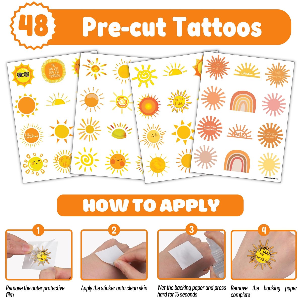 72 PCS Boho Sun Party Favors: Temporary Tattoos & Slap Bracelets - Cute Sunshine-Themed Gifts for Kids, Girls, Boys - Birthday, Baby Shower, Classroom Rewards - görsel 11