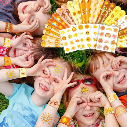 72 PCS Boho Sun Party Favors: Temporary Tattoos & Slap Bracelets - Cute Sunshine-Themed Gifts for Kids, Girls, Boys - Birthday, Baby Shower, Classroom Rewards