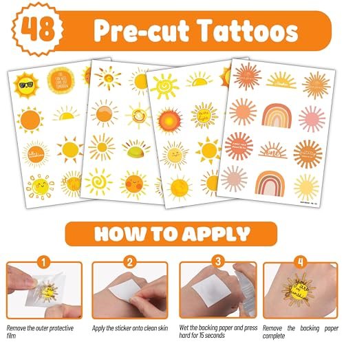 72 PCS Boho Sun Party Favors: Temporary Tattoos & Slap Bracelets - Cute Sunshine-Themed Gifts for Kids, Girls, Boys - Birthday, Baby Shower, Classroom Rewards - görsel 12