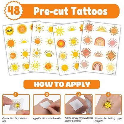 72 PCS Boho Sun Party Favors: Temporary Tattoos & Slap Bracelets - Cute Sunshine-Themed Gifts for Kids, Girls, Boys - Birthday, Baby Shower, Classroom Rewards