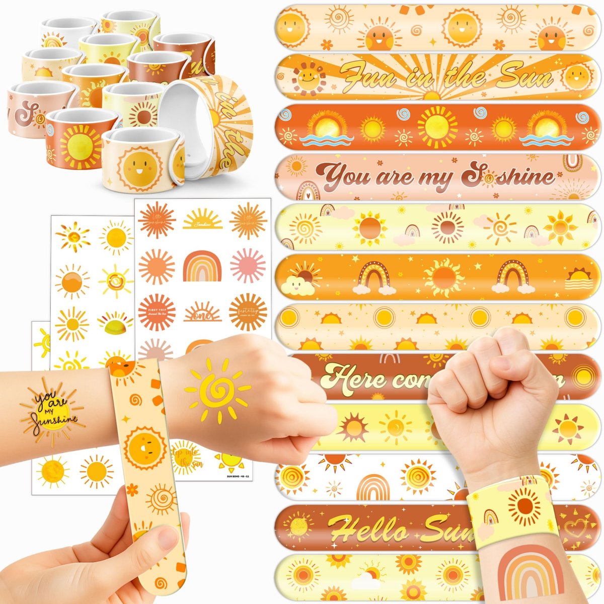 72 PCS Boho Sun Party Favors: Temporary Tattoos & Slap Bracelets - Cute Sunshine-Themed Gifts for Kids, Girls, Boys - Birthday, Baby Shower, Classroom Rewards - görsel 1