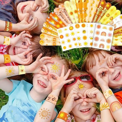 72 PCS Boho Sun Party Favors: Temporary Tattoos & Slap Bracelets - Cute Sunshine-Themed Gifts for Kids, Girls, Boys - Birthday, Baby Shower, Classroom Rewards