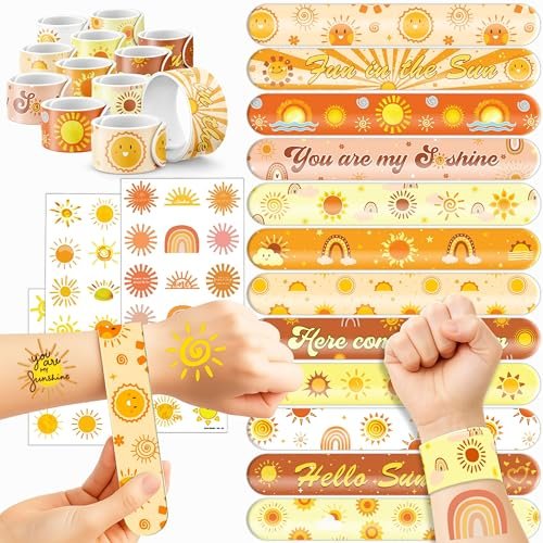 72 PCS Boho Sun Party Favors: Temporary Tattoos & Slap Bracelets - Cute Sunshine-Themed Gifts for Kids, Girls, Boys - Birthday, Baby Shower, Classroom Rewards - görsel 2