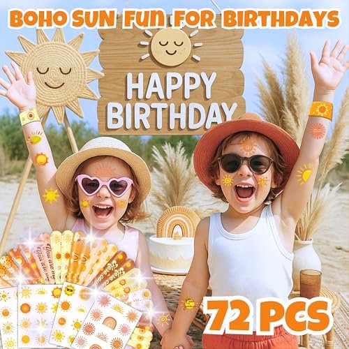 72 PCS Boho Sun Party Favors: Temporary Tattoos & Slap Bracelets - Cute Sunshine-Themed Gifts for Kids, Girls, Boys - Birthday, Baby Shower, Classroom Rewards - görsel 6