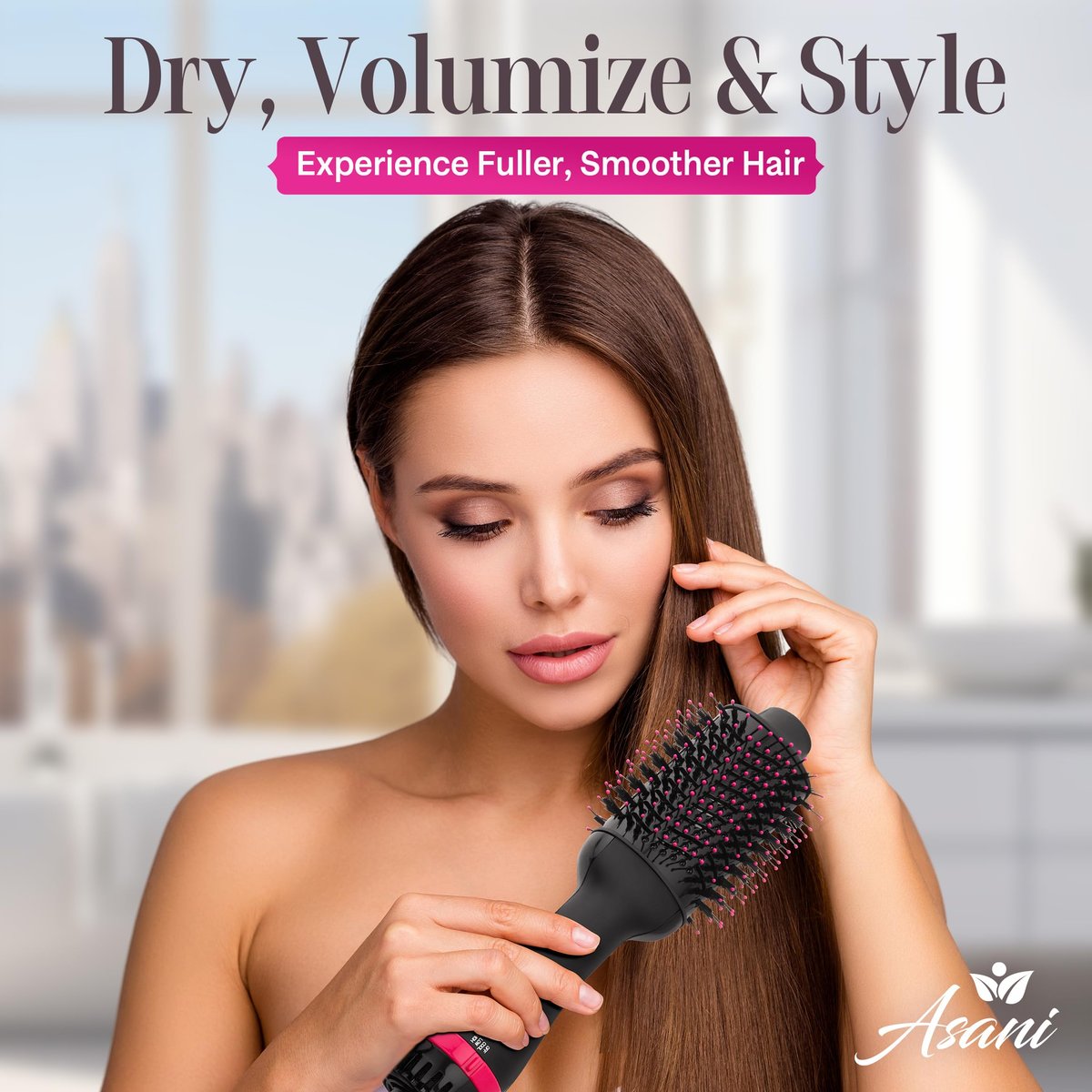 Asani 4-in-1 Hair Dryer Brush - Blow Dryer, Comb, Curling & Straightening Brush - Anti-Frizz Ceramic Titanium Barrel for All Hair Types (120V) Avelisse