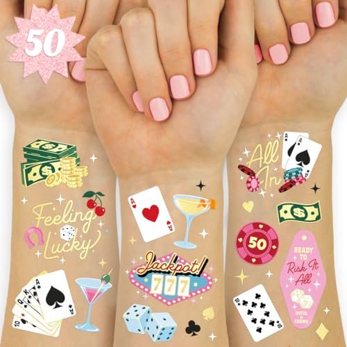 xo, Fetti Casino Temporary Tattoos - 50 Gold Foil | Bachelorette Decorations, Las Vegas Theme Party Favors, Birthday Accessory, Game Night Gift, Dice Decor - görsel 2